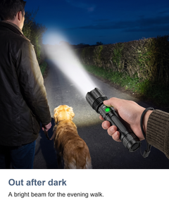 Rechargeable LED torch with zoom: Out after dark
