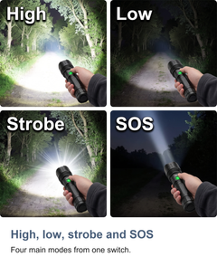 Rechargeable LED torch with zoom: High, low, strobe and SOS