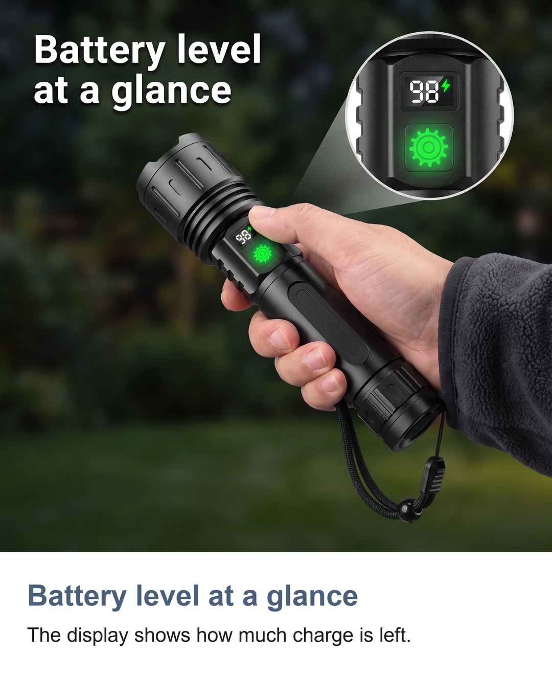 Rechargeable LED torch with zoom: Battery level at a glance