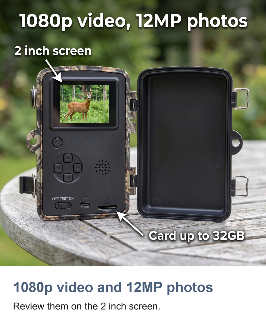 Wildlife trail camera with night vision: 1080p video and 12MP photos