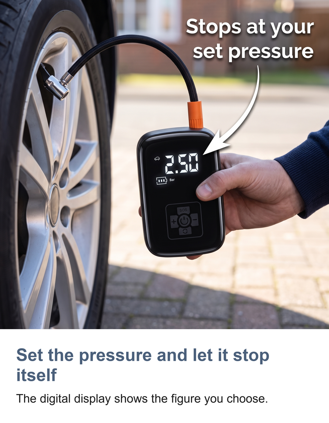 Cordless digital tyre inflator: Set the pressure and let it stop itself