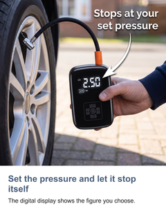 Cordless digital tyre inflator: Set the pressure and let it stop itself