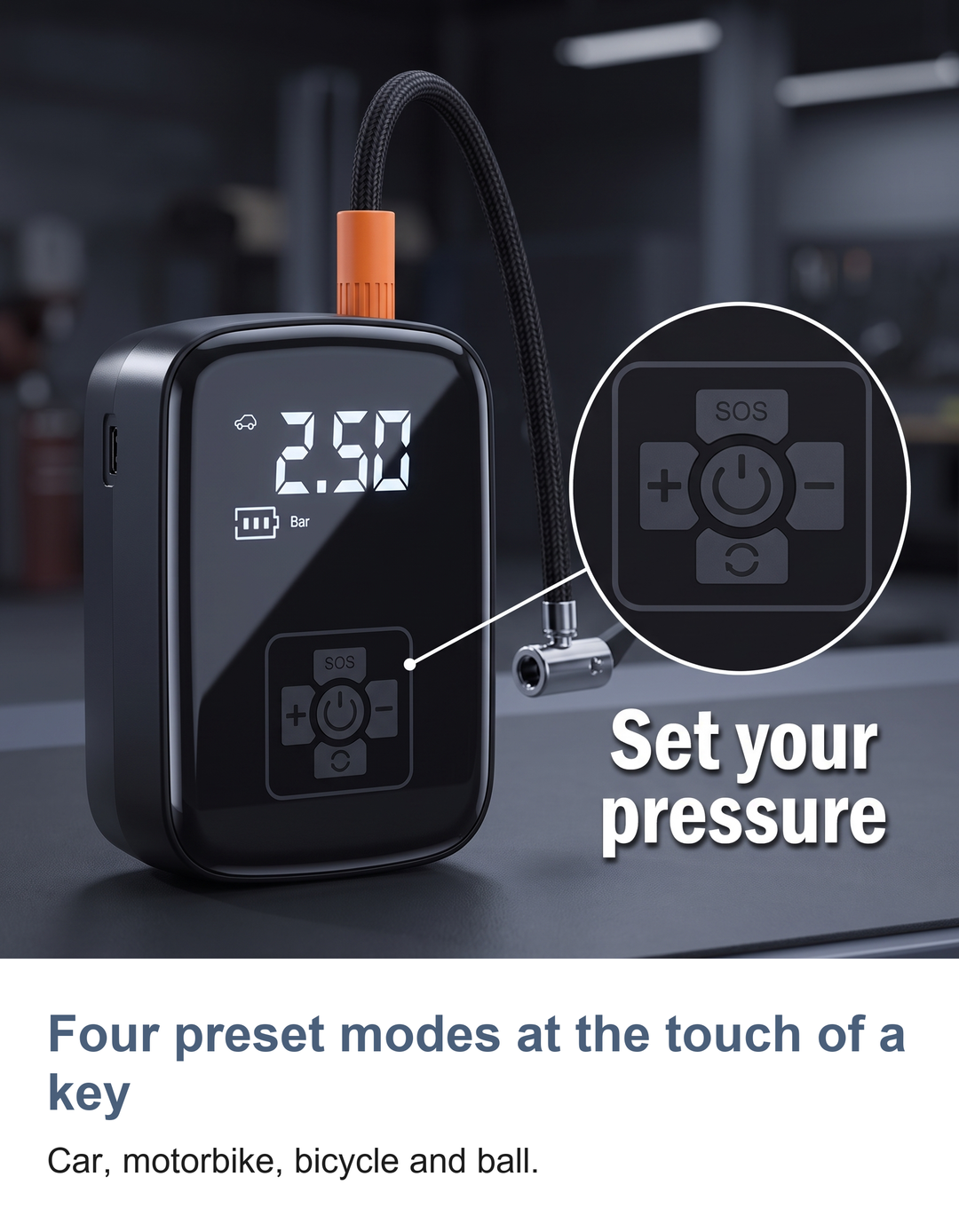 Cordless digital tyre inflator: Four preset modes at the touch of a key
