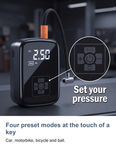 Cordless digital tyre inflator: Four preset modes at the touch of a key