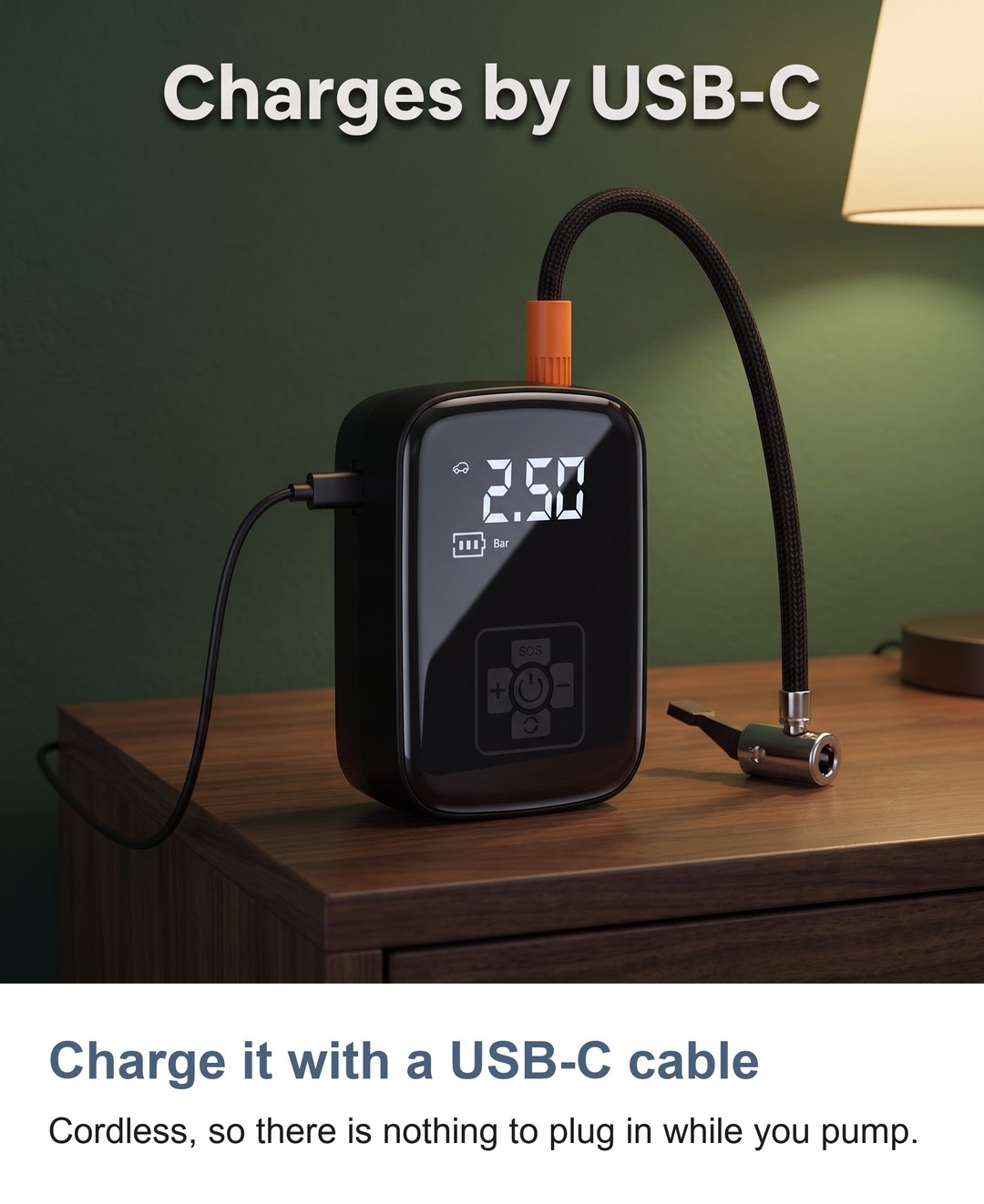 Cordless digital tyre inflator: Charge it with a USB-C cable