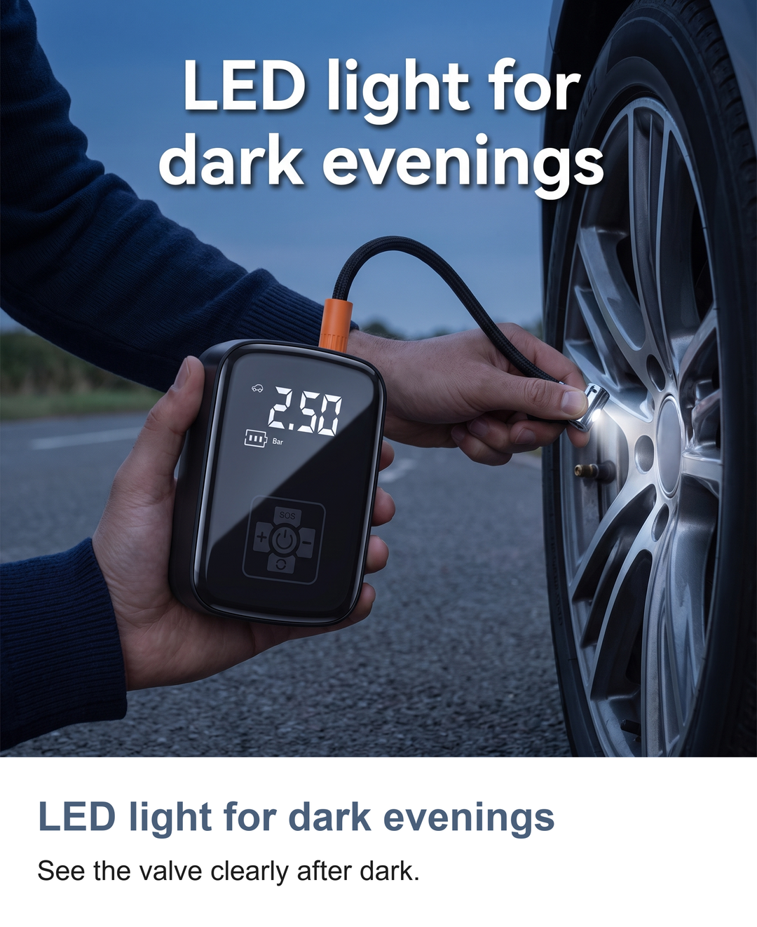 Cordless digital tyre inflator: LED light for dark evenings
