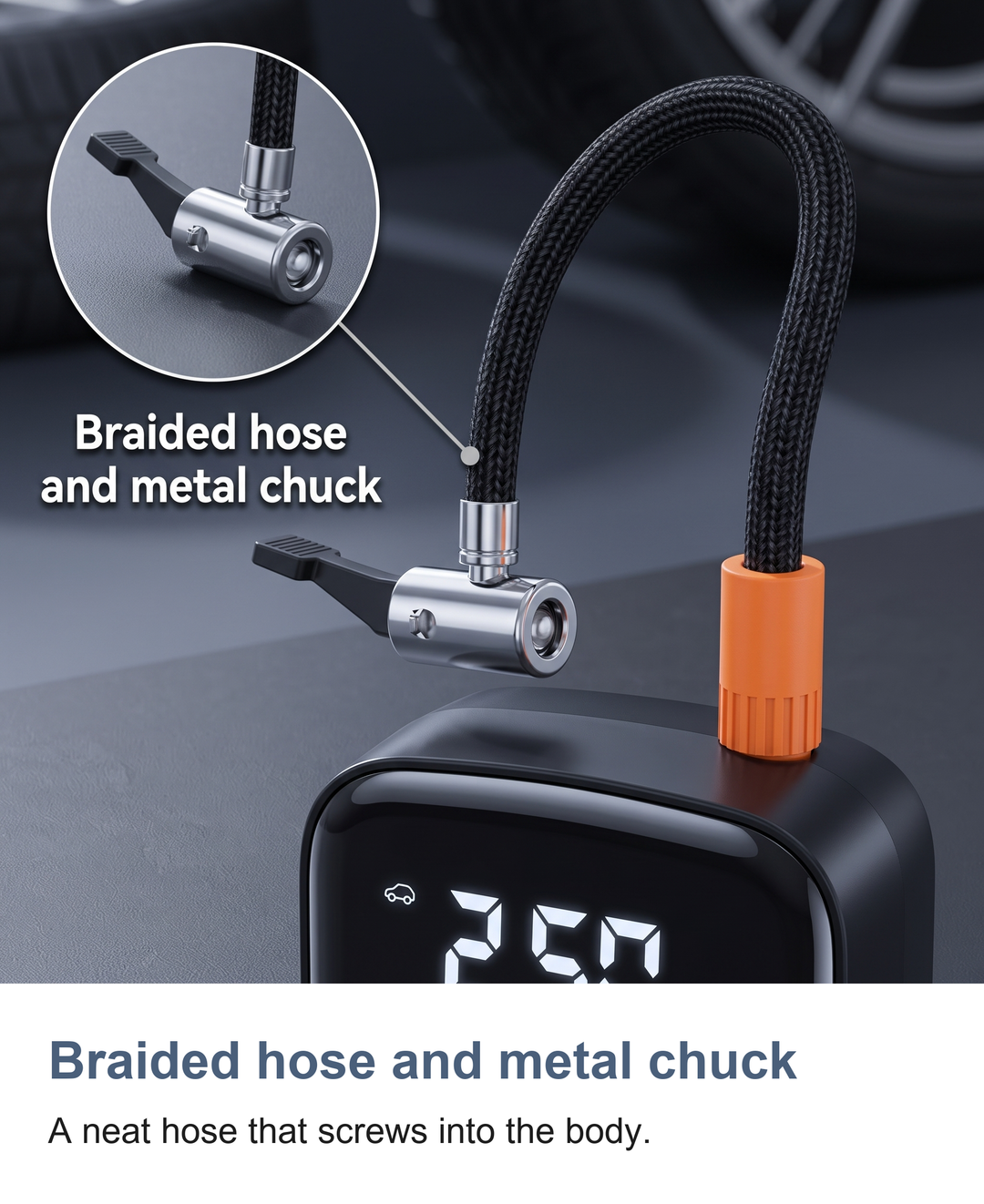 Cordless digital tyre inflator: Braided hose and metal chuck