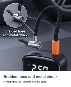 Cordless digital tyre inflator: Braided hose and metal chuck
