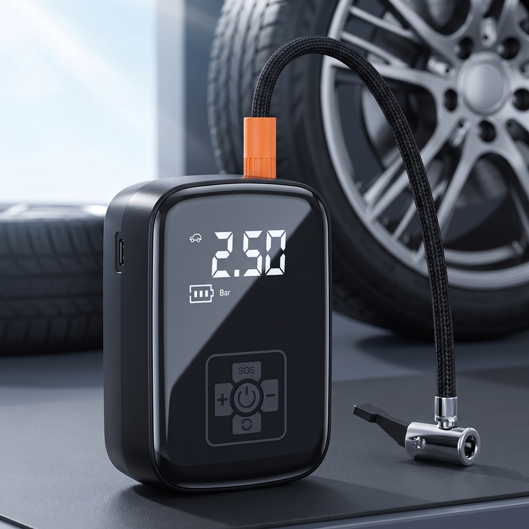 Cordless digital tyre inflator with braided hose beside a car wheel