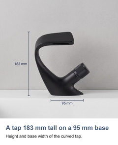 Waterfall basin mixer tap: A tap 183 mm tall on a 95 mm base