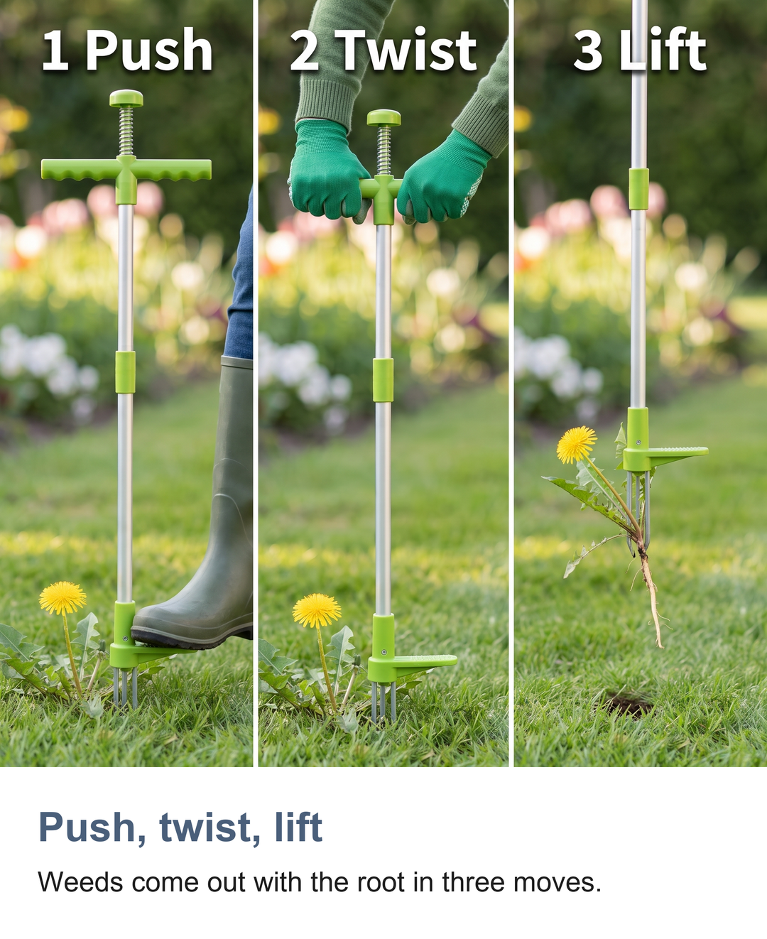 Stand up weed puller: Push, twist, lift