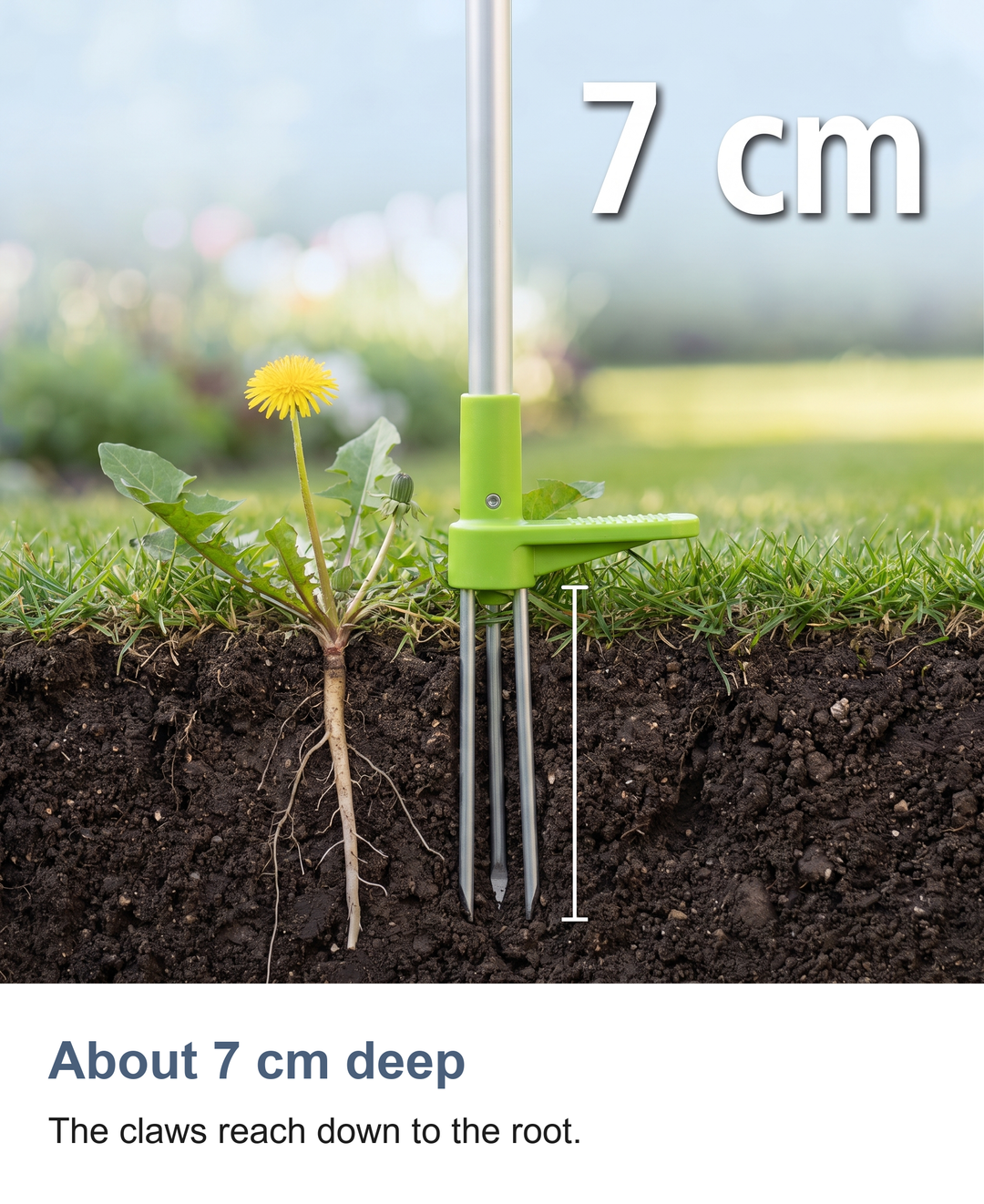Stand up weed puller: About 7 cm deep