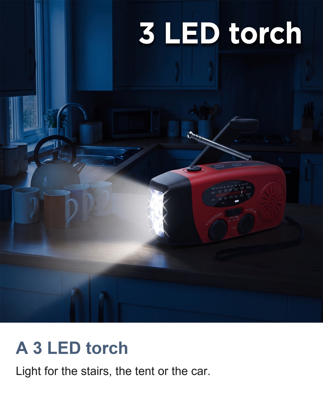 Wind up radio with torch: A 3 LED torch