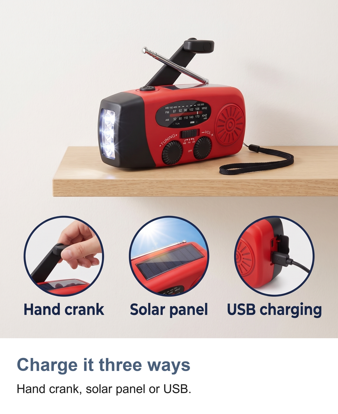 Wind up radio with torch: Charge it three ways