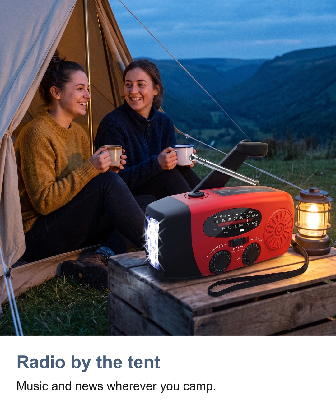 Wind up radio with torch: Radio by the tent