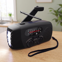 Black wind up radio with hand crank, aerial and lit torch on a wooden table