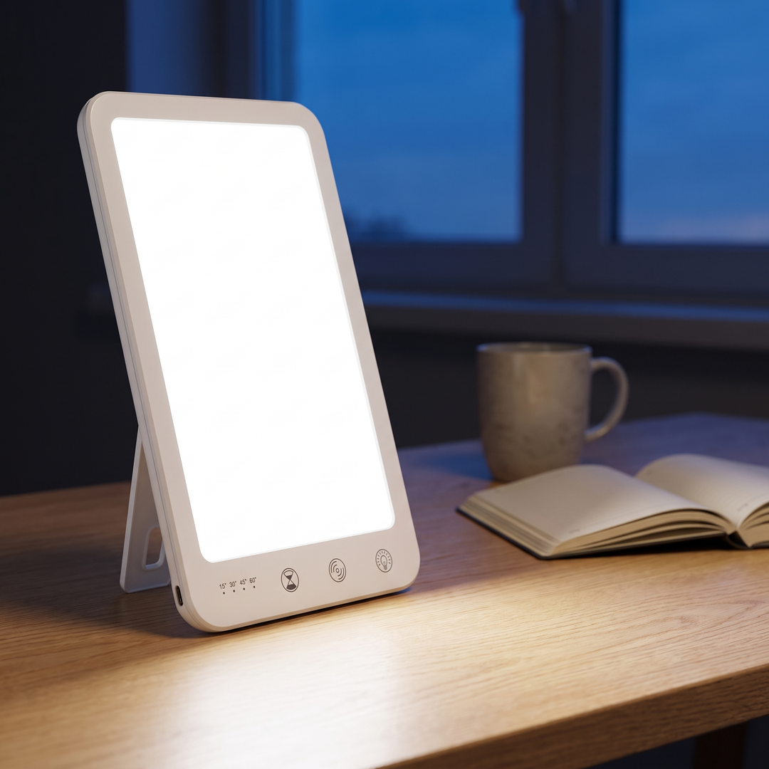Slim white LED daylight lamp glowing on its stand on an oak desk on a dark winter morning