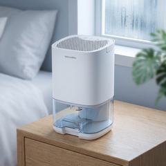 White small dehumidifier with a clear water tank on an oak bedside table by a misted window