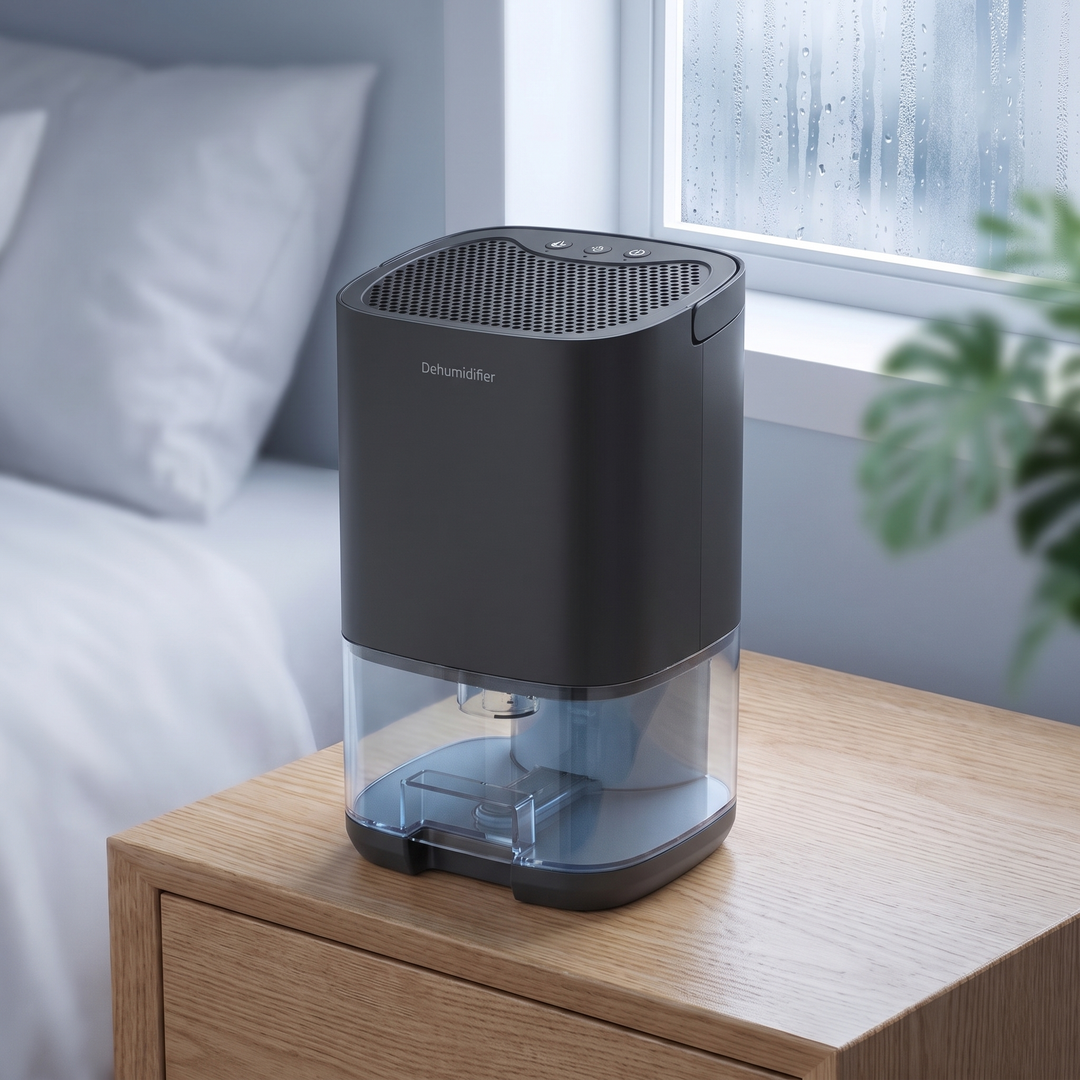 Black small dehumidifier with a clear water tank on an oak bedside table by a misted window