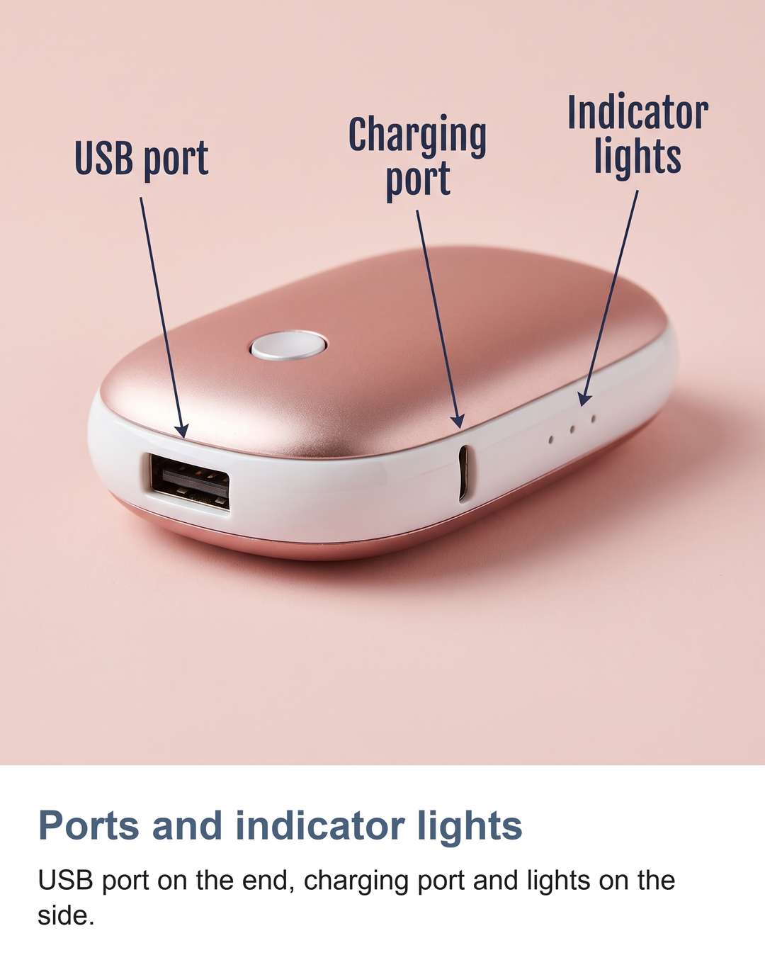 Rechargeable hand warmers: Ports and indicator lights