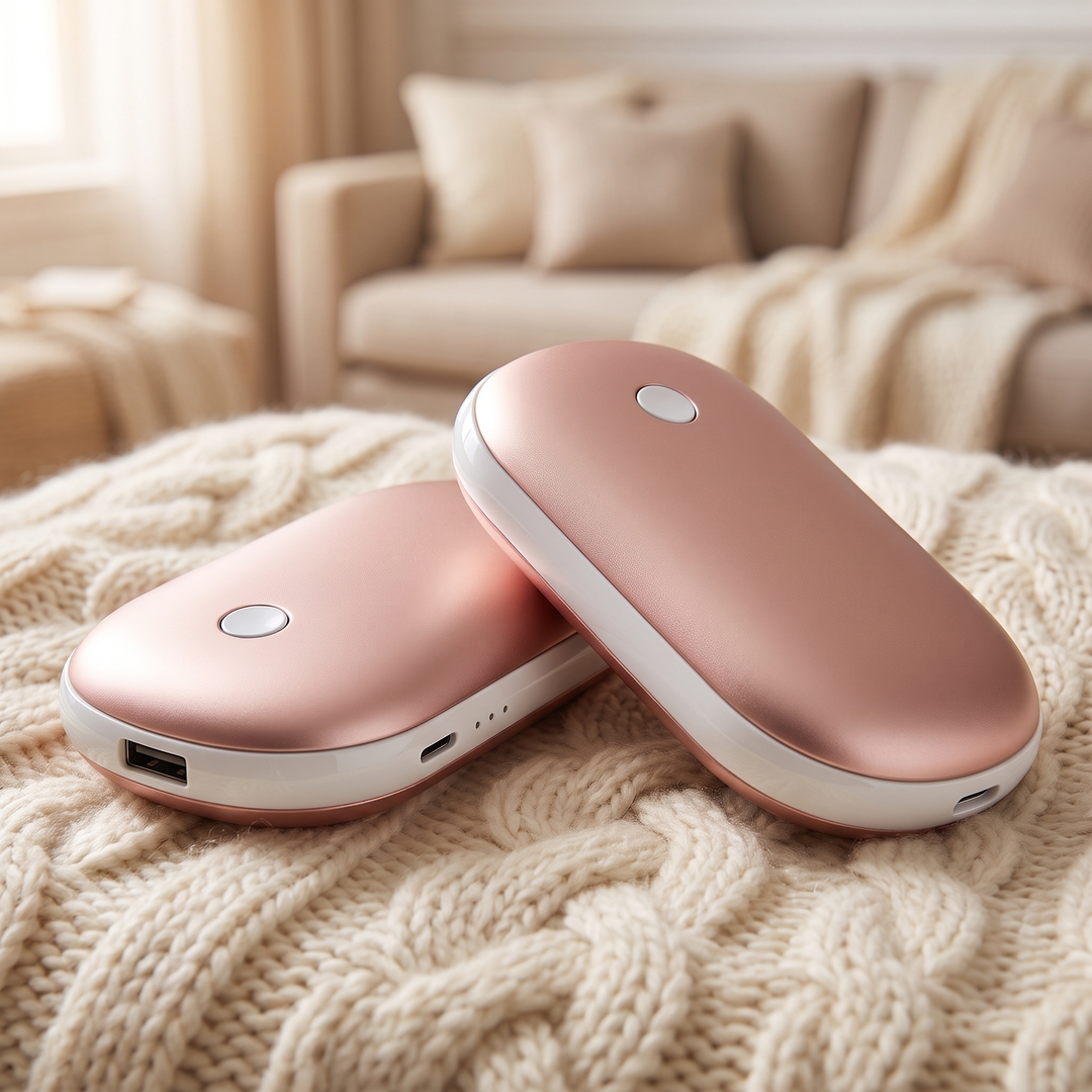 Pack of 2 rose gold rechargeable pebble hand warmers on a cream cable knit blanket