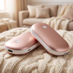 Pack of 2 rose gold rechargeable pebble hand warmers on a cream cable knit blanket