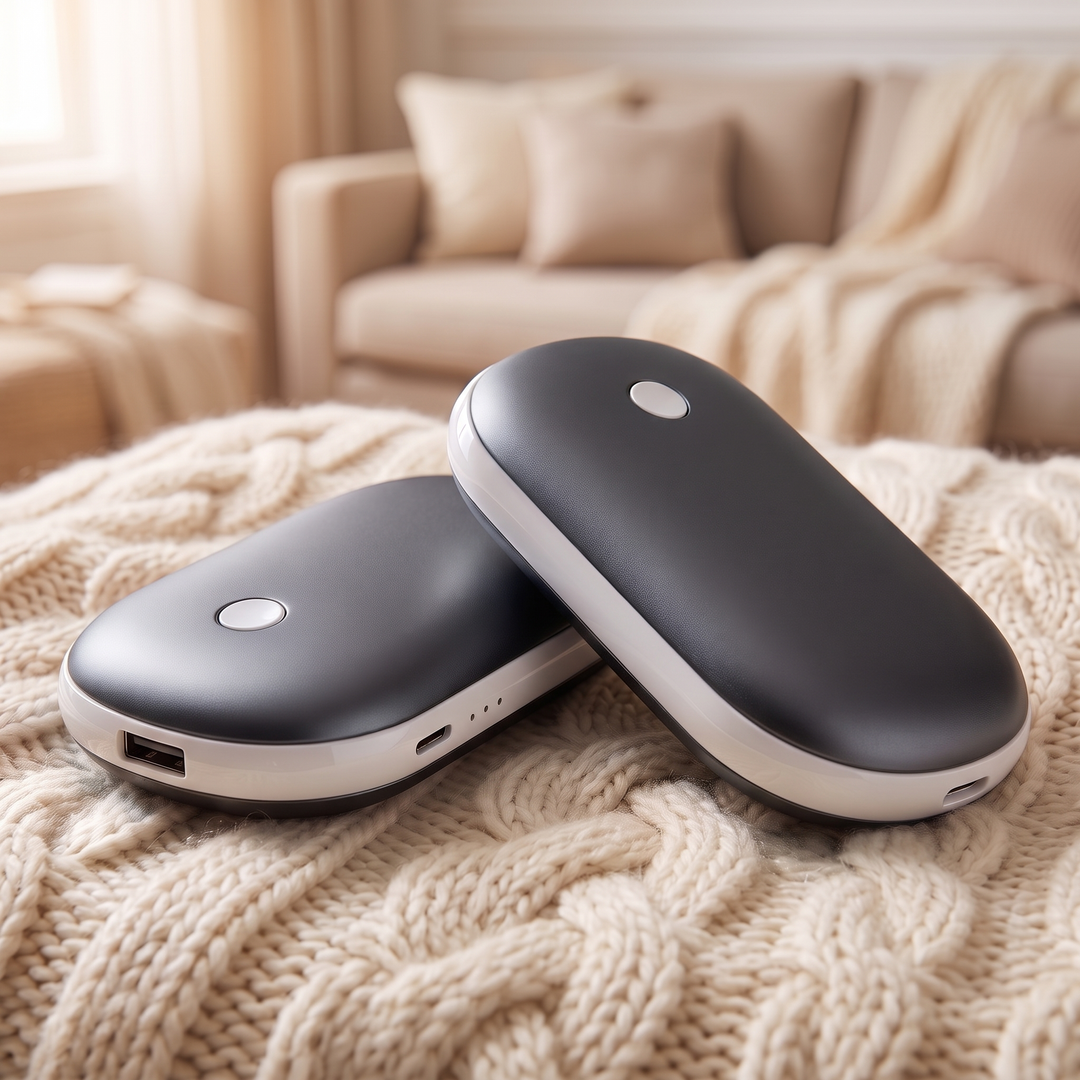 Pack of 2 black rechargeable pebble hand warmers on a cream cable knit blanket