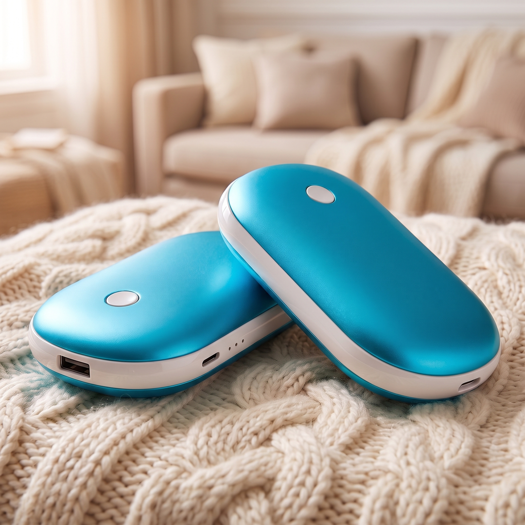 Pack of 2 blue rechargeable pebble hand warmers on a cream cable knit blanket