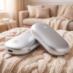 Pack of 2 silver rechargeable pebble hand warmers on a cream cable knit blanket