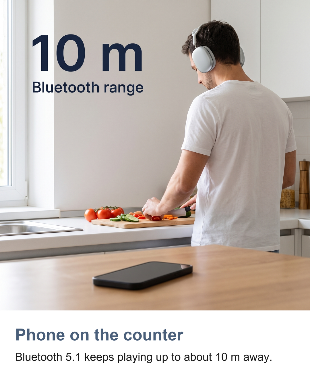 Wireless over ear headphones: Phone on the counter