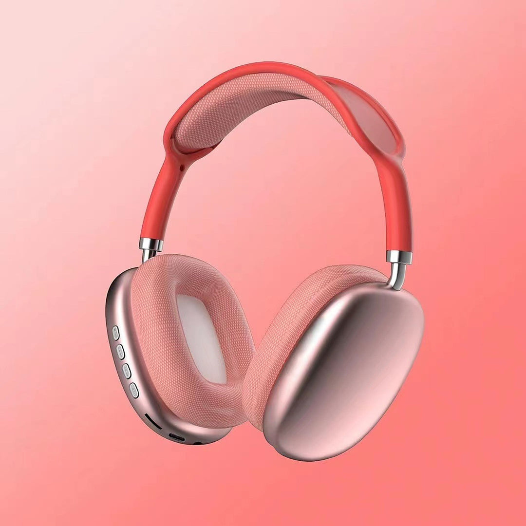 Wireless over ear headphones with microphone in red