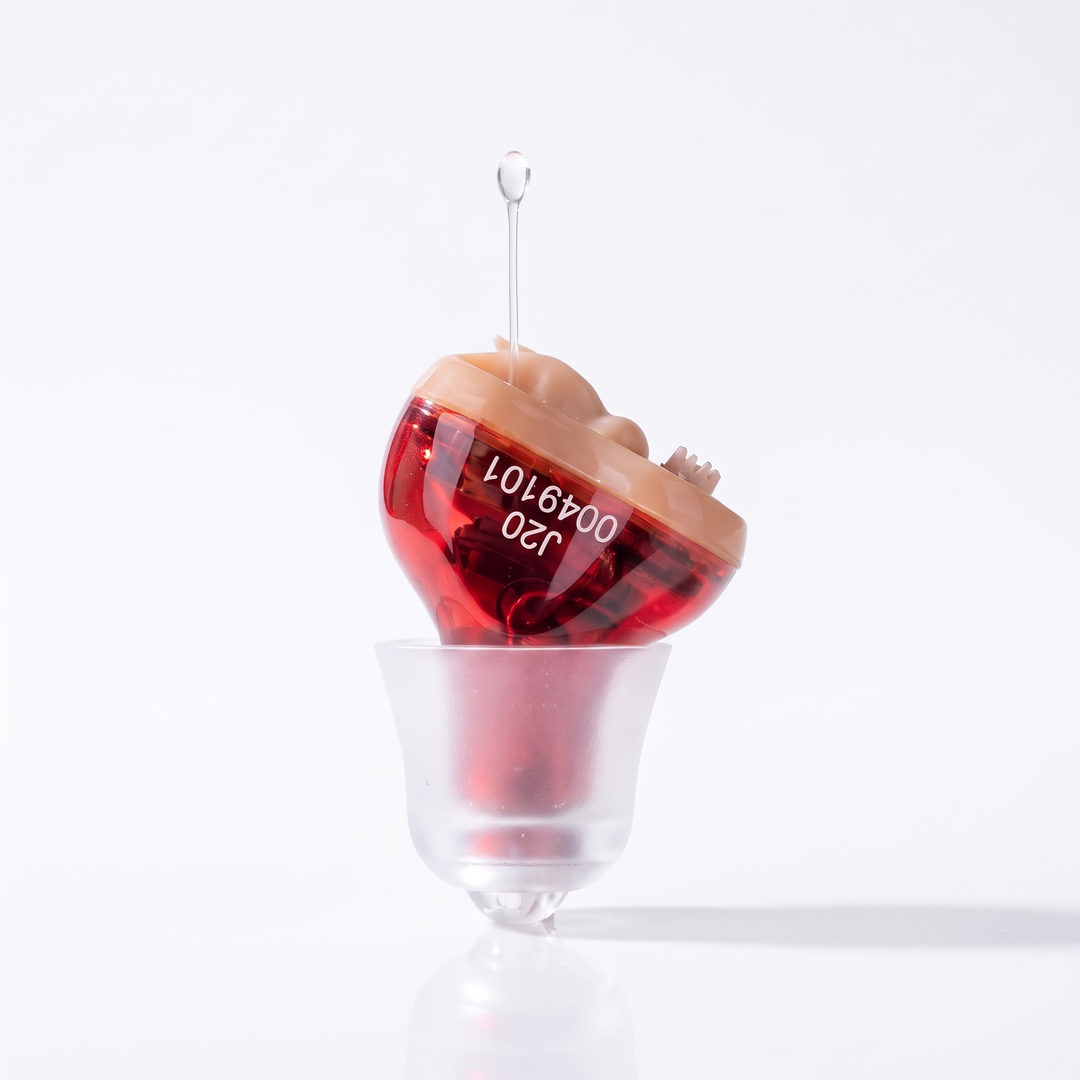 Red right ear in-ear hearing amplifier with a soft frosted eartip on cream travertine