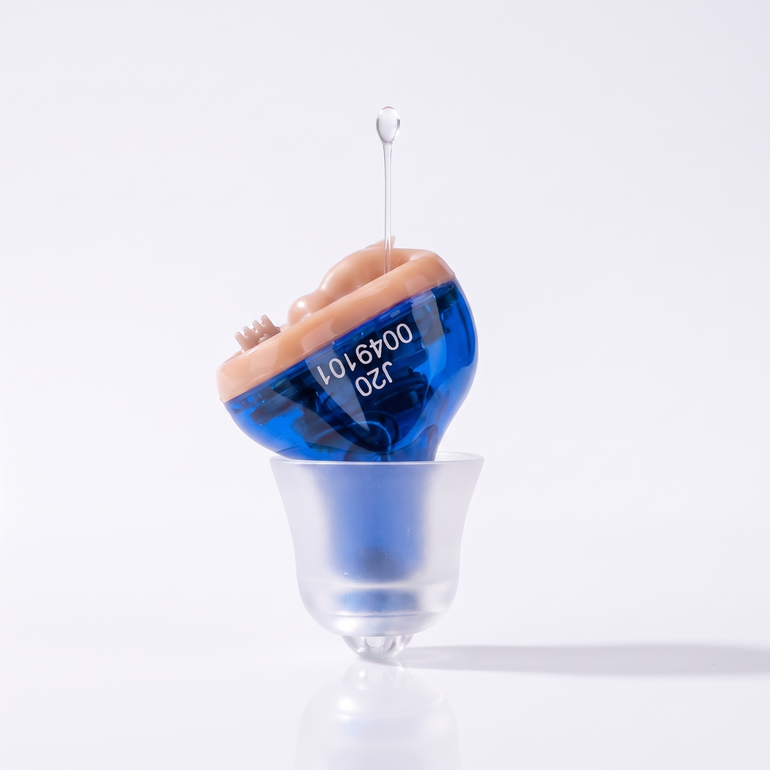 Blue left ear in-ear hearing amplifier with a soft frosted eartip on cream travertine