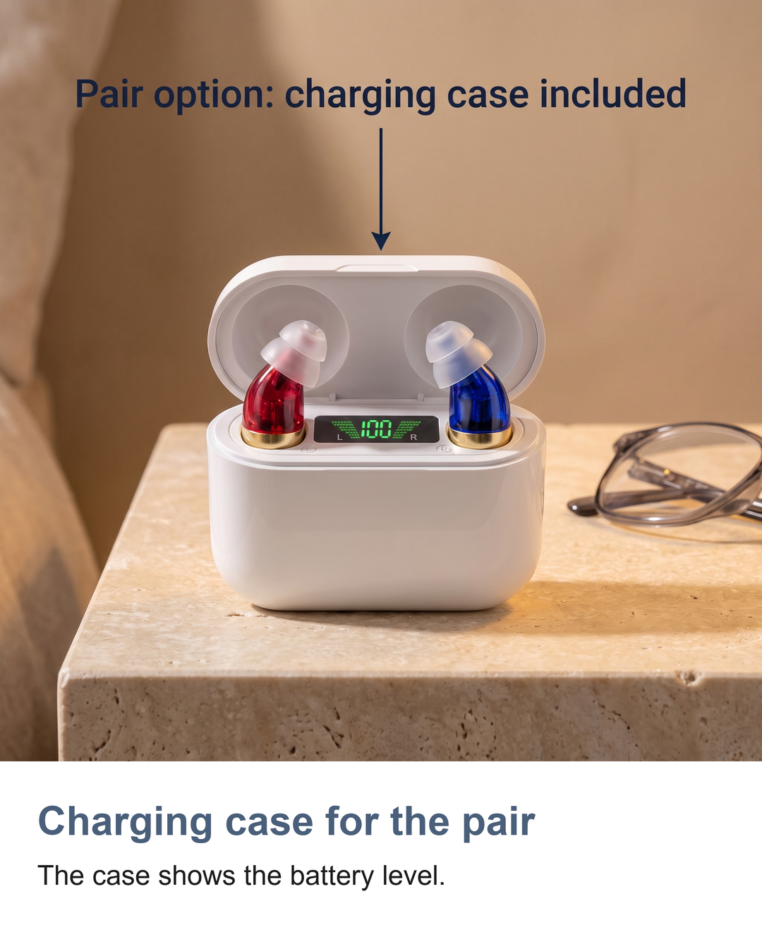 In-ear hearing amplifier: Charging case for the pair