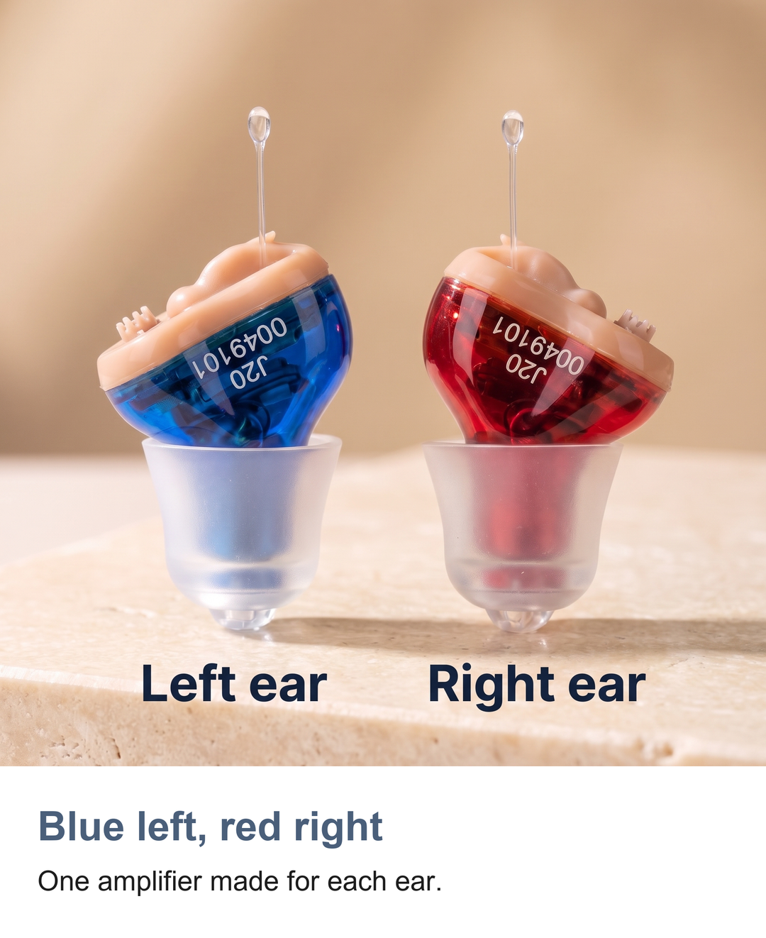 In-ear hearing amplifier: Blue left, red right
