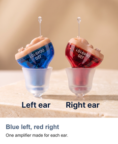 In-ear hearing amplifier: Blue left, red right