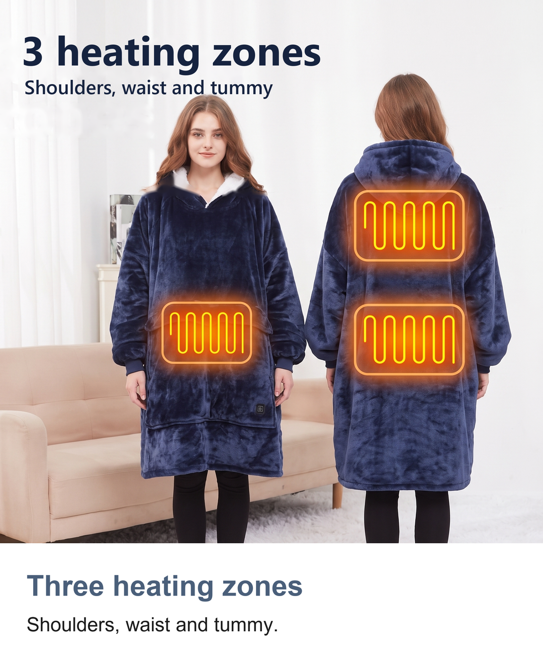 Heated hoodie blanket: Three heating zones