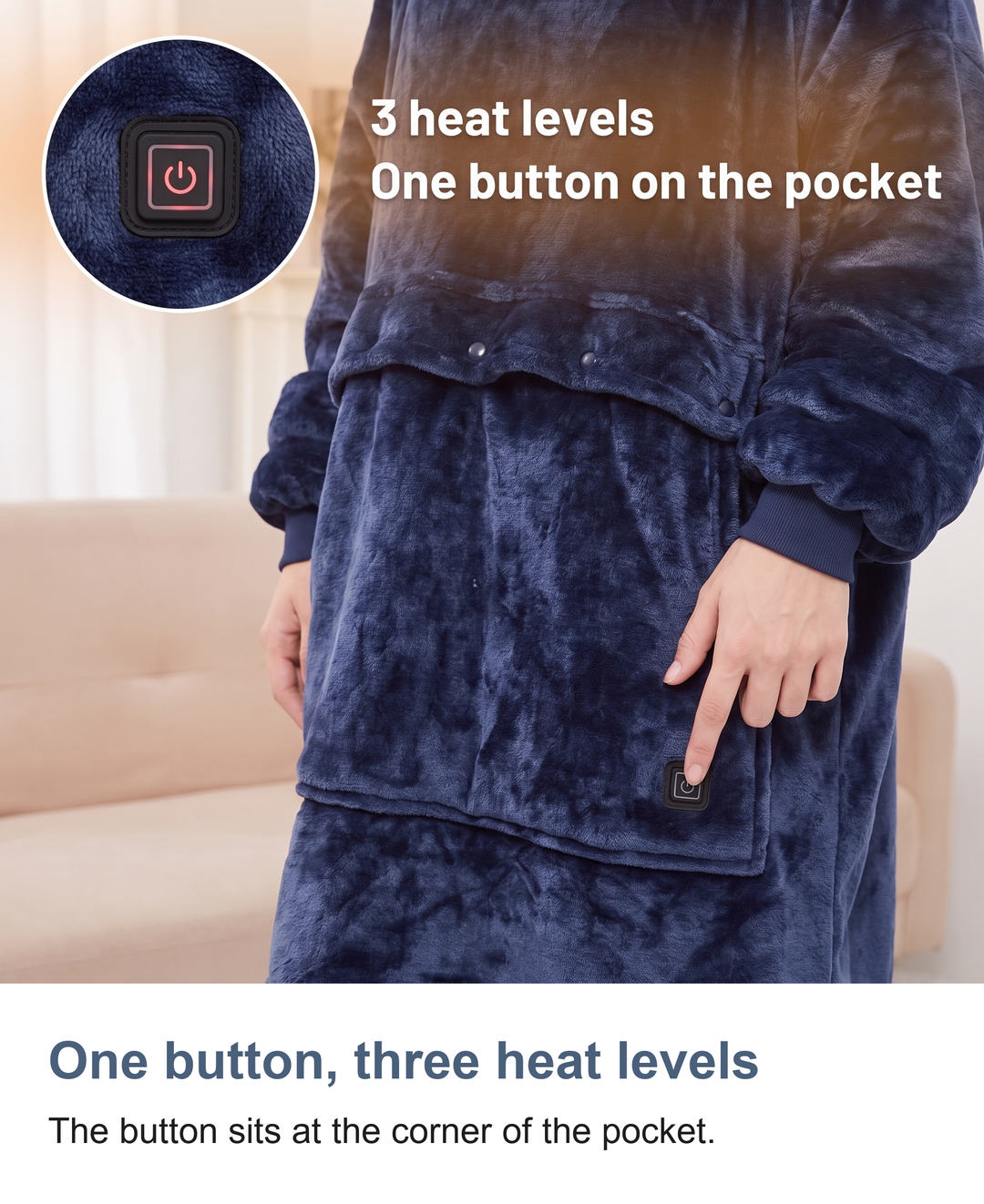 Heated hoodie blanket: One button, three heat levels