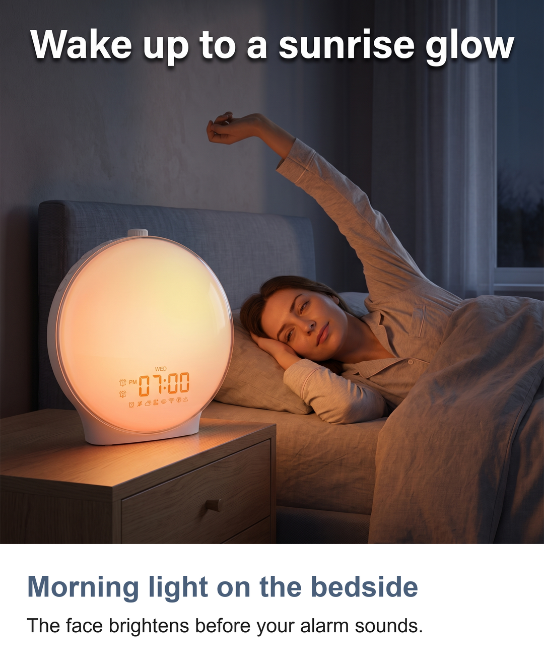Full-screen sunrise alarm clock: Morning light on the bedside