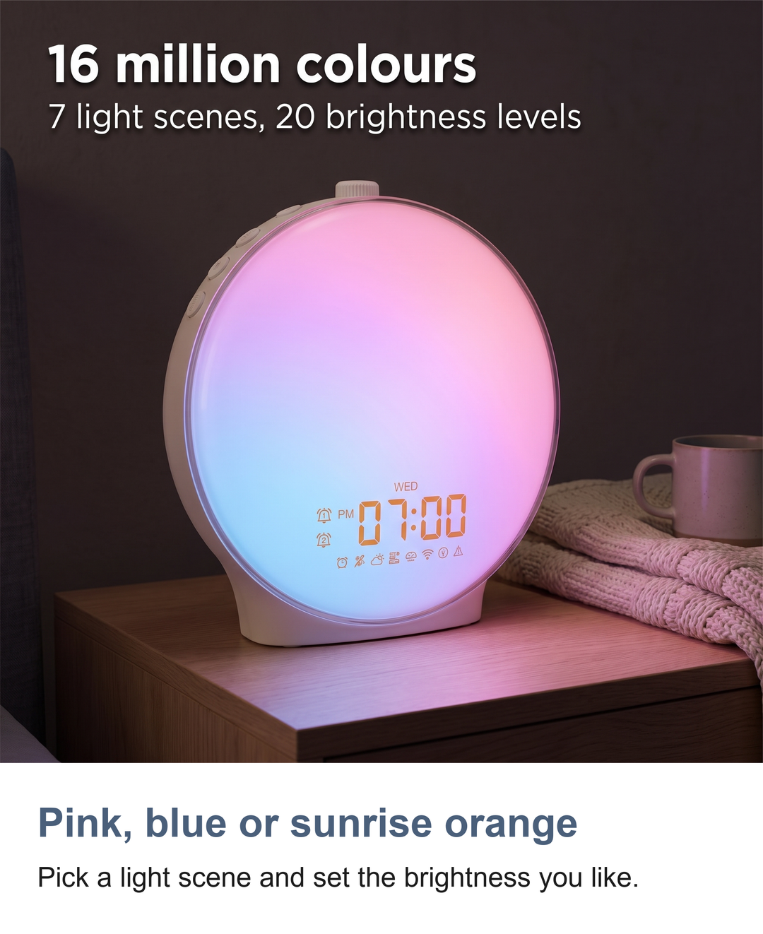 Full-screen sunrise alarm clock: Pink, blue or sunrise orange