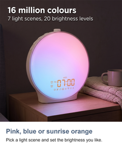 Full-screen sunrise alarm clock: Pink, blue or sunrise orange