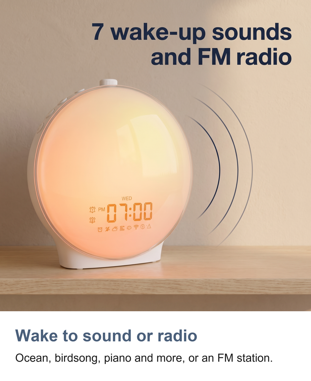 Full-screen sunrise alarm clock: Wake to sound or radio