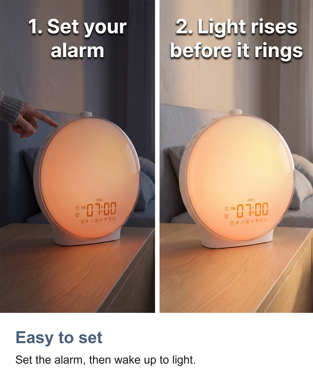 Full-screen sunrise alarm clock: Easy to set