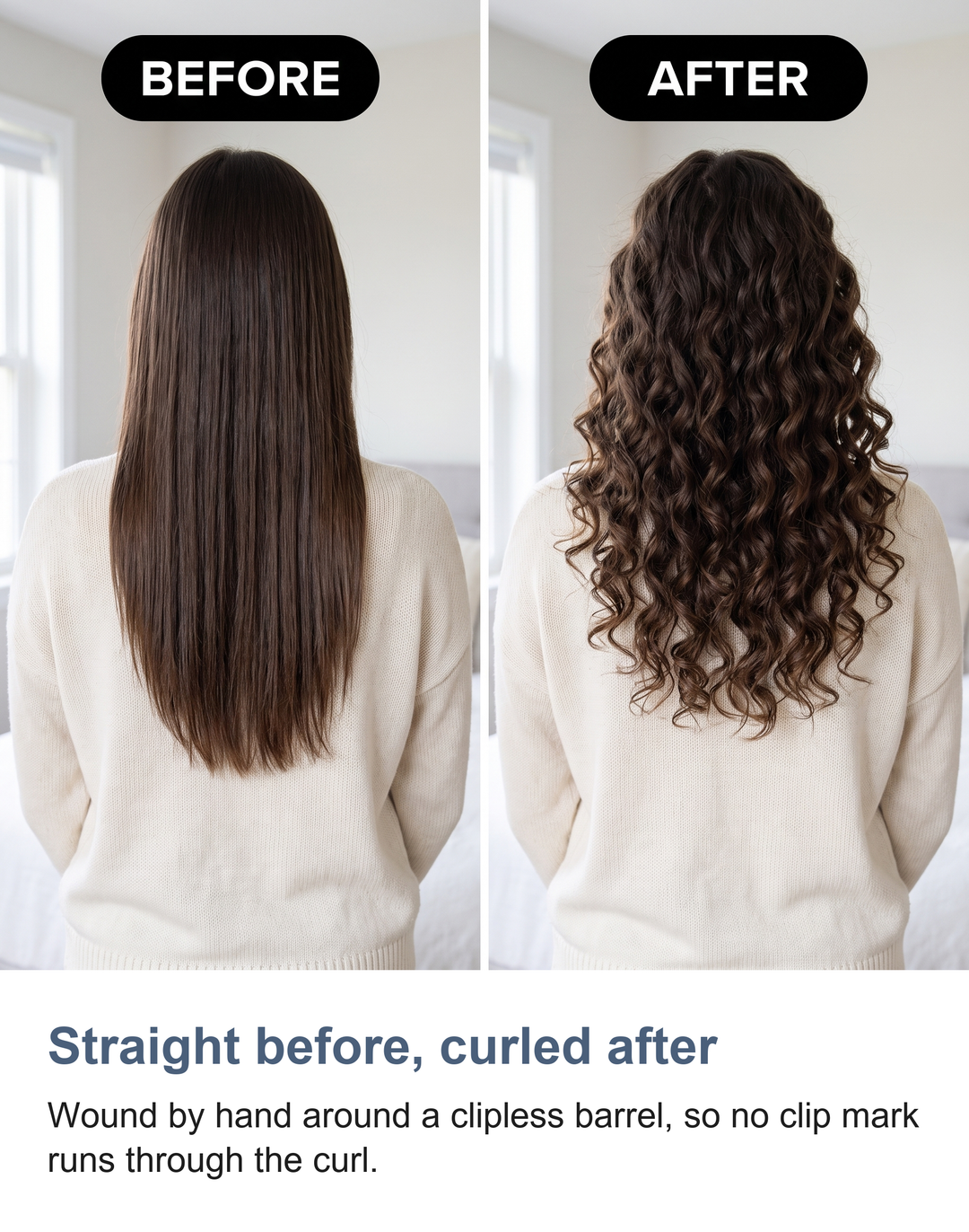 Straight hair before and curled hair after using the clipless conical curling wand