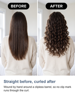 Straight hair before and curled hair after using the clipless conical curling wand