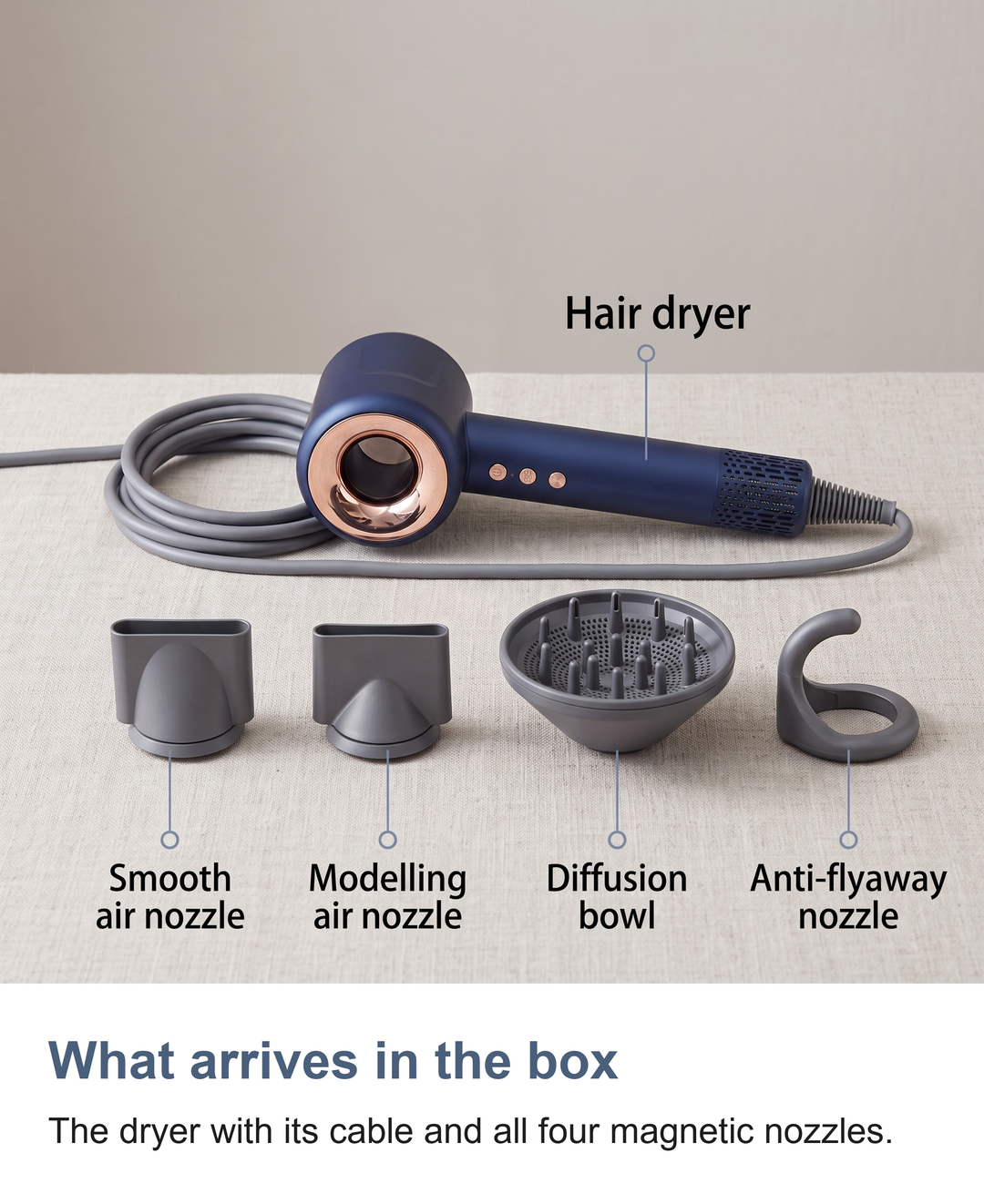 What is in the box: the hair dryer with its cable and all four magnetic nozzles