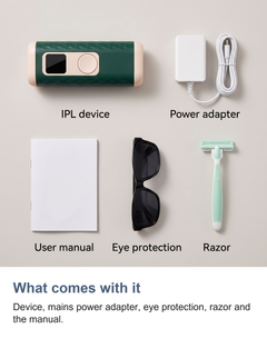 What comes with the IPL device: mains power adapter, user manual, eye protection and razor