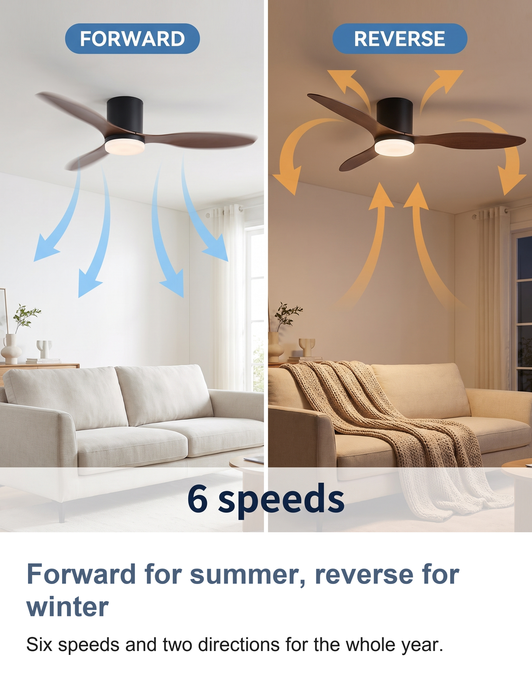 Low profile ceiling fan with light: Forward for summer, reverse for winter
