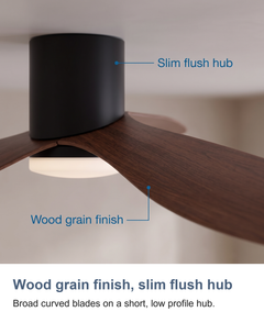 Low profile ceiling fan with light: Wood grain finish, slim flush hub