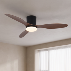 Black Wood Grain 52 inch low profile ceiling fan with LED light on a ceiling